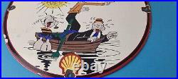 Vintage Shell Gasoline Sign Popeye Sailor Gas Pump Mechanic Porcelain Sign