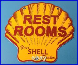 Vintage Shell Gasoline Sign Rest Rooms Porcelain Gas Pump Plate Sign