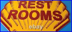 Vintage Shell Gasoline Sign Rest Rooms Porcelain Gas Pump Plate Sign