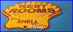 Vintage Shell Gasoline Sign Rest Rooms Porcelain Gas Pump Plate Sign