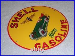 Vintage Shell Green Streak Gasoline & Race Car 11 3/4 Porcelain Metal Oil Sign Vintage Shell Green Streak Gasoline & Race Car 11 3/4 Porcelain Metal Oil Sign