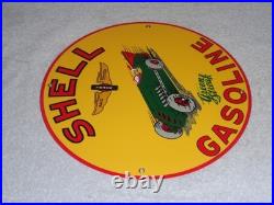 Vintage Shell Green Streak Gasoline & Race Car 11 3/4 Porcelain Metal Oil Sign