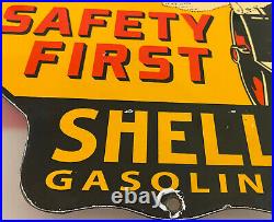 Vintage Shell Oil Porcelain Safety Sign Gasoline Station Pump Plate Motor Oil