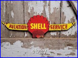 Vintage Shell Porcelain Sign Aviation Gasoline Station Oil Service Pilot Flying
