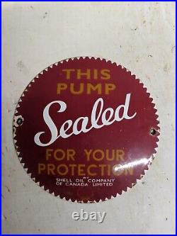 Vintage Shell Sealed For Your Protection Gasoline Porcelain Gas Pump Door Sign