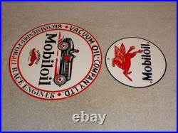 Vintage Sign Lot 2 Mobil Gargoyle Race Car 12+ 7.5 Mobiloil Pegasus Porcelain