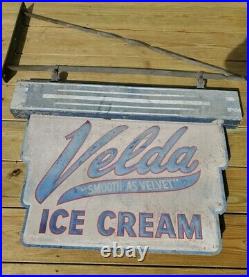 Vintage Sign Storefront Velda Ice Cream Hanging 2 Sided 1930's Borden 29 × 38