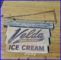 Vintage Sign Storefront Velda Ice Cream Hanging 2 Sided 1930's Borden 29 × 38