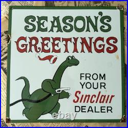 Vintage Sinclair Gasoline Dealer Seasons Greetings 12 Inch Porcelain Enamel Sign