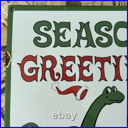 Vintage Sinclair Gasoline Dealer Seasons Greetings 12 Inch Porcelain Enamel Sign