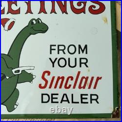 Vintage Sinclair Gasoline Dealer Seasons Greetings 12 Inch Porcelain Enamel Sign