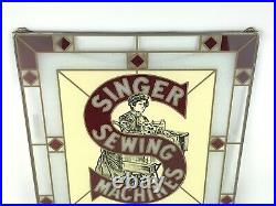 Vintage Singer Sewing Machine Stained Glass Hanging Advertising Sign 17.5 x 16