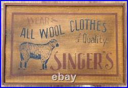 Vintage Singer's All Wool Clothes Advertising Sign Sheep Graphic on Wood 1950s Vintage Singer's All Wool Clothes Advertising Sign Sheep Graphic on Wood 1950s