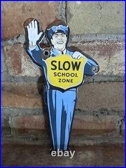 Vintage Slow School Zone Porcelain Gas Station Door Sign 9 X 4
