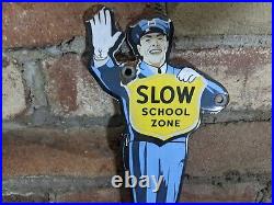 Vintage Slow School Zone Porcelain Gas Station Door Sign 9 X 4