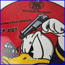 Vintage Smith & Wesson Porcelain Sign Donald Duck Ad Gas Pump Firearms Sign