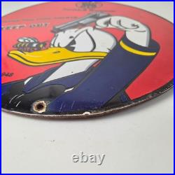 Vintage Smith & Wesson Porcelain Sign Donald Duck Ad Gas Pump Firearms Sign