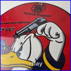 Vintage Smith & Wesson Porcelain Sign Donald Duck Ad Gas Pump Firearms Sign