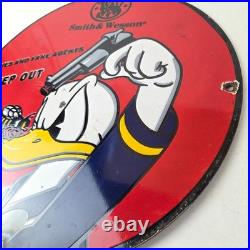 Vintage Smith & Wesson Porcelain Sign Donald Duck Ad Gas Pump Firearms Sign