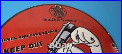 Vintage Smith & Wesson Porcelain Sign Walt Disney Keep Out Gas Pump Sign