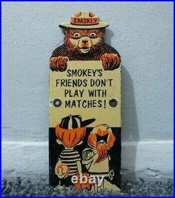Vintage Smokey Bear Porcelain Metal Us Forest Service Fire Gas Oil Sign Rare Ad