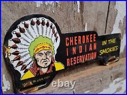 Vintage Smokey Mountains Porcelain Sign Cherokee Indian Reservation Topper Gas
