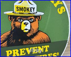 Vintage Smokey The Bear Porcelain Sign Forest Fires Gas Oil No Smoking Parks