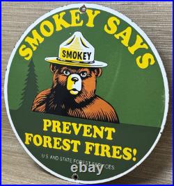 Vintage Smokey The Bear Porcelain Sign Forest Fires Gas Oil No Smoking Parks