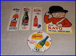 Vintage Soda Collection Of 5 Metal & Porcelain Sign Orange Crush 7up Squirt Kayo