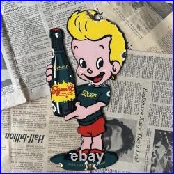 Vintage Squirt Boy Soda Cola Beverage 12 Inch Porcelain Enamel Sign