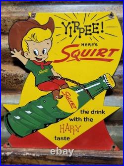 Vintage Squirt Porcelain Sign Old Soda Pop Beverage Drink Bottle Boy Rodeo Food