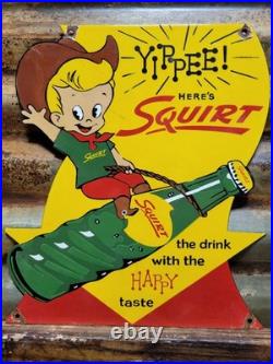 Vintage Squirt Porcelain Sign Old Soda Pop Beverage Drink Bottle Boy Rodeo Food