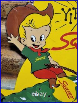 Vintage Squirt Porcelain Sign Old Soda Pop Beverage Drink Bottle Boy Rodeo Food