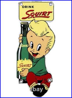 Vintage Squirt Soda Boy Embossed Die Cut Metal Advertising Sign Gas Oil Cola