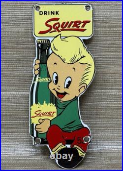 Vintage Squirt Soda Boy Embossed Die Cut Metal Advertising Sign Gas Oil Cola