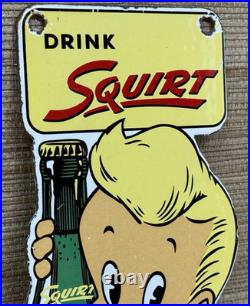 Vintage Squirt Soda Boy Embossed Die Cut Metal Advertising Sign Gas Oil Cola