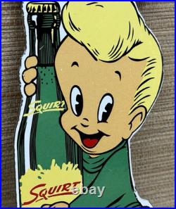 Vintage Squirt Soda Boy Embossed Die Cut Metal Advertising Sign Gas Oil Cola