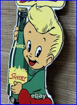 Vintage Squirt Soda Boy Embossed Die Cut Metal Advertising Sign Gas Oil Cola