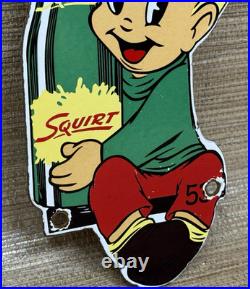 Vintage Squirt Soda Boy Embossed Die Cut Metal Advertising Sign Gas Oil Cola