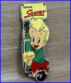 Vintage Squirt Soda Boy Embossed Die Cut Metal Advertising Sign Gas Oil Cola
