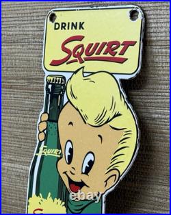 Vintage Squirt Soda Boy Embossed Die Cut Metal Advertising Sign Gas Oil Cola