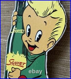 Vintage Squirt Soda Boy Embossed Die Cut Metal Advertising Sign Gas Oil Cola