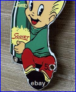 Vintage Squirt Soda Boy Embossed Die Cut Metal Advertising Sign Gas Oil Cola