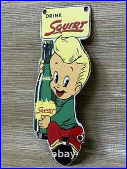 Vintage Squirt Soda Boy Embossed Die Cut Metal Advertising Sign Gas Oil Cola