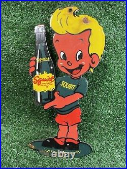 Vintage Squirt Soda Porcelain Sign Figural Boy Beverage Cola Gas Oil Service
