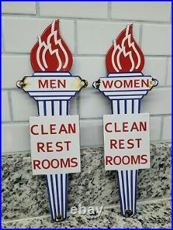 Vintage Standard Porcelain Sign Oil Gas Station Restroom Torch Men Women Toilet