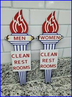Vintage Standard Porcelain Sign Oil Gas Station Restroom Torch Men Women Toilet