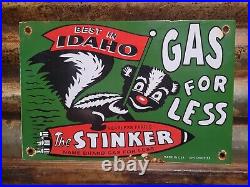 Vintage Stinker Porcelain Sign 1953 Idaho Gas For Less Skunk Gasoline Station