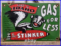 Vintage Stinker Porcelain Sign 1953 Idaho Gas For Less Skunk Gasoline Station