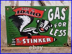 Vintage Stinker Porcelain Sign 1953 Idaho Gas For Less Skunk Gasoline Station